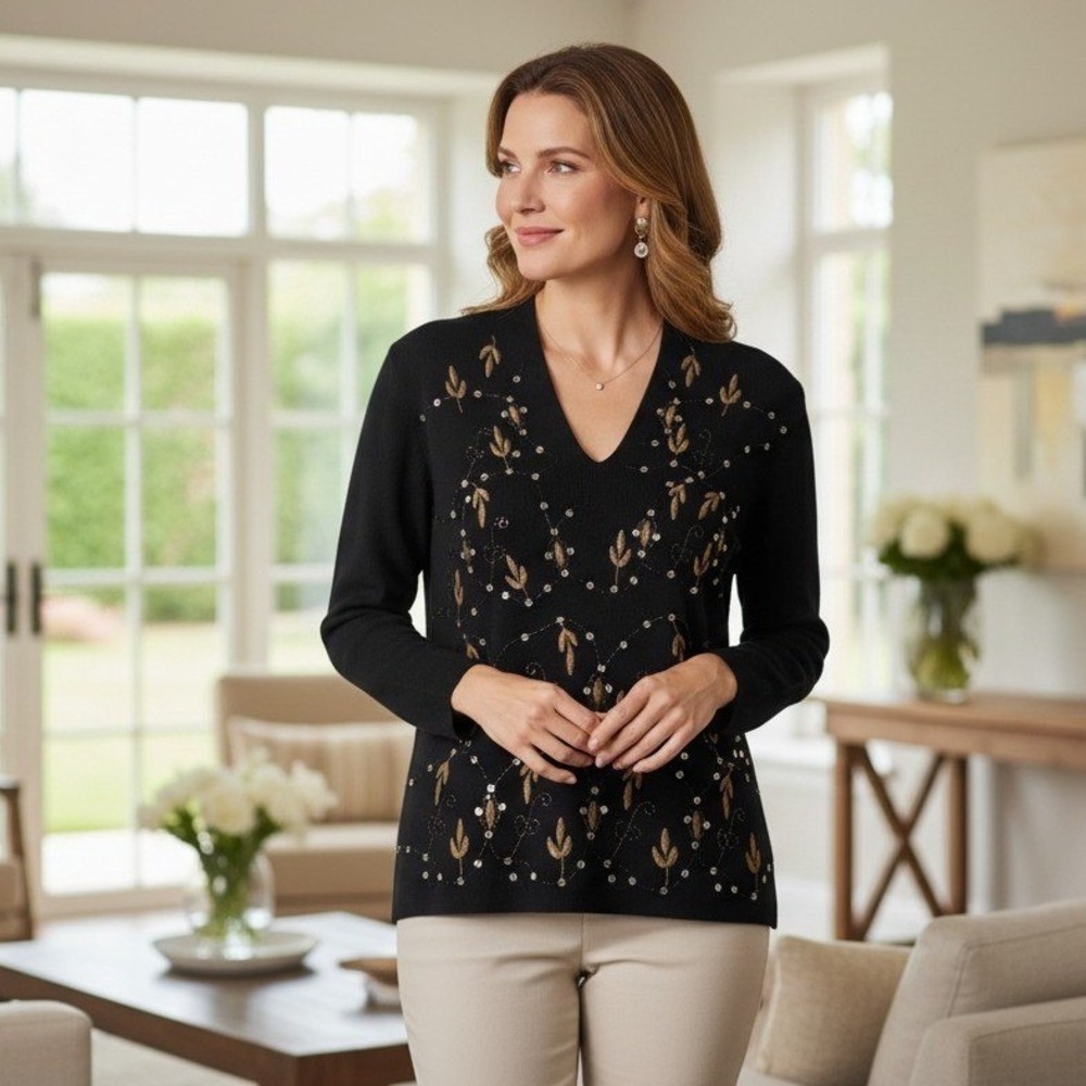 Peck & Peck Black Silk Sweater XL Beaded Embellished Glam Boho Top